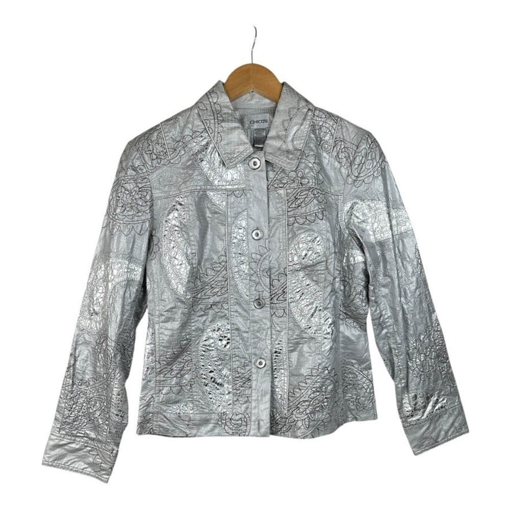 Chico's Silver Metallic Embroidered Button Down Shacket Jacket Size 1 MD